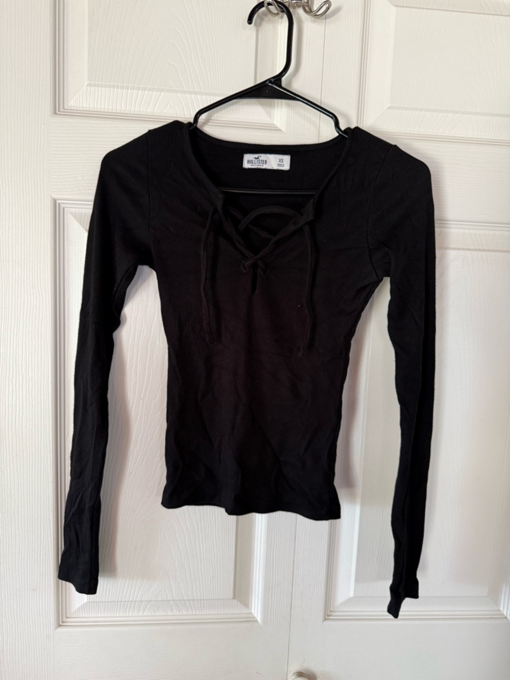 Hollister Black Long Sleeve Lace-Up Ribbed Top
